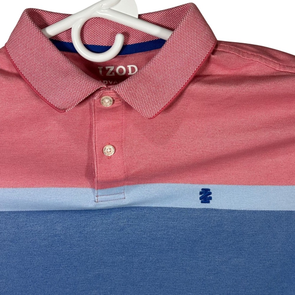 IZOD Advantage Performance Polo Shirt Mens Large‎ Pink Blue White Stripe Casual